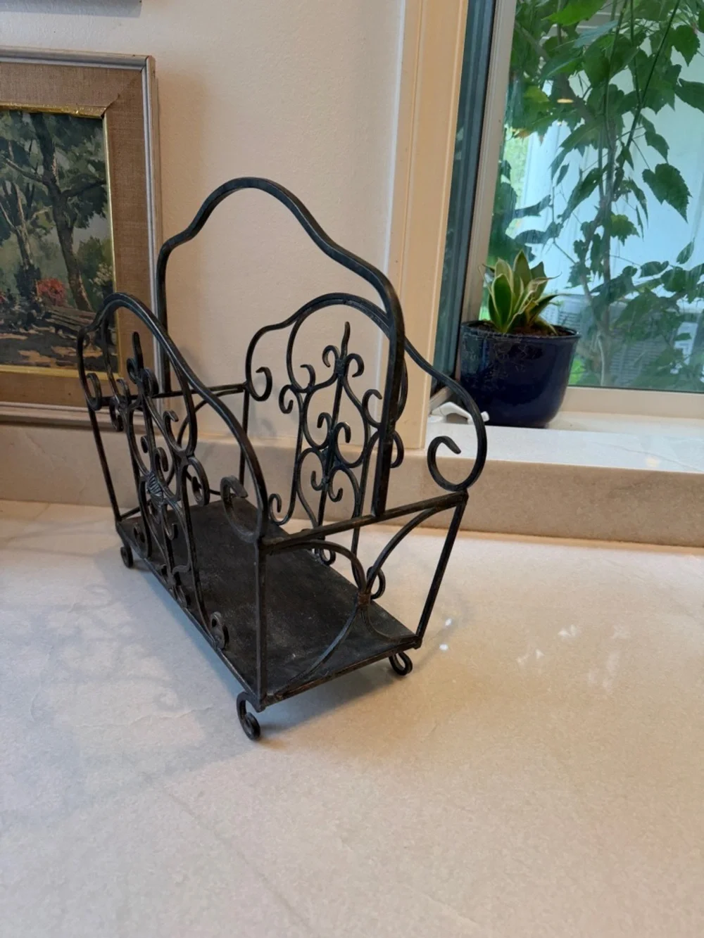 Vintage French Country Black Metal Magazine Rack with patina